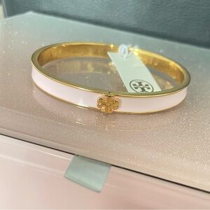 Tory Burch Kira 18K-Gold-Plated & Enamel Logo Light Pink Bangle NWT